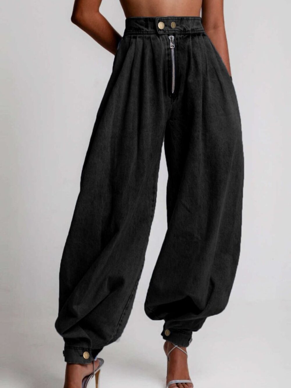 Micas High Waist Zipper Barrel Balloon jeans Gray Large NEW